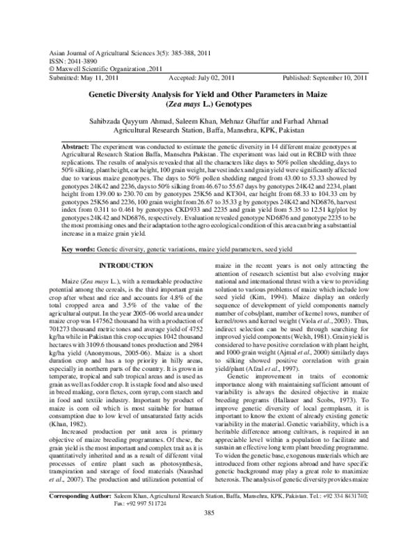(PDF) Genetic Diversity Analysis for Yield and Other Parameters in ...