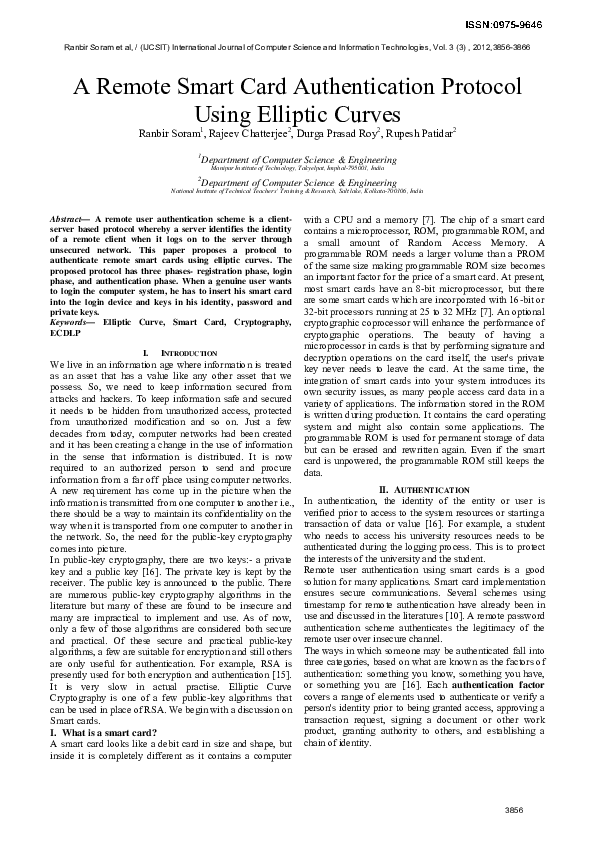 (PDF) A Remote Smart Card Authentication Protocol Using Elliptic Curves