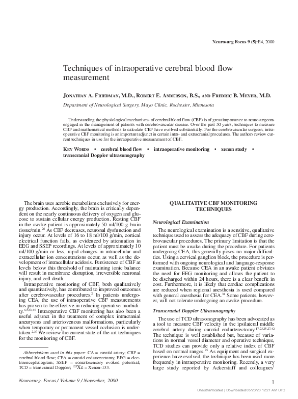 (PDF) Techniques of intraoperative cerebral blood flow measurement