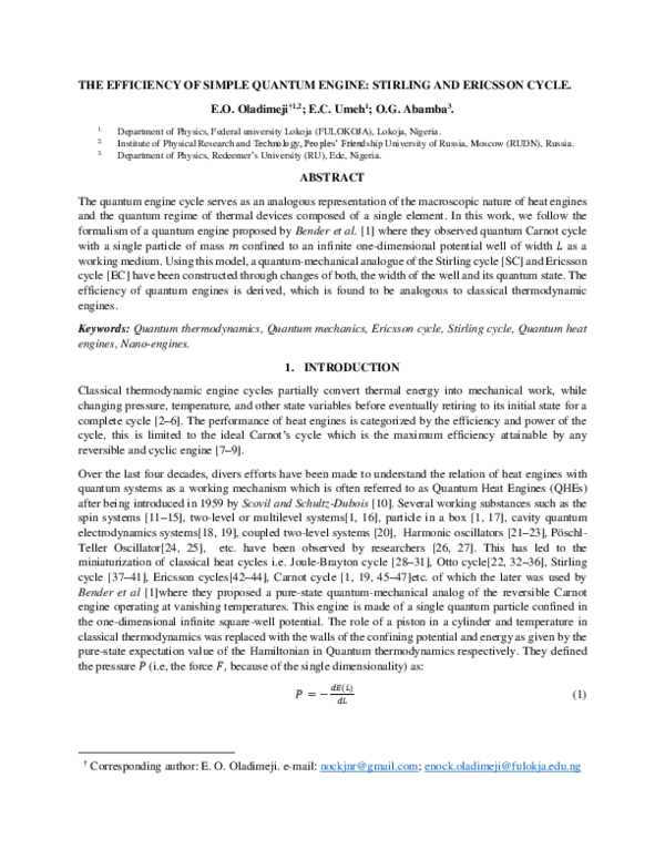 (PDF) The efficiency of simple Quantum Engine Stirling and Ericsson cycle