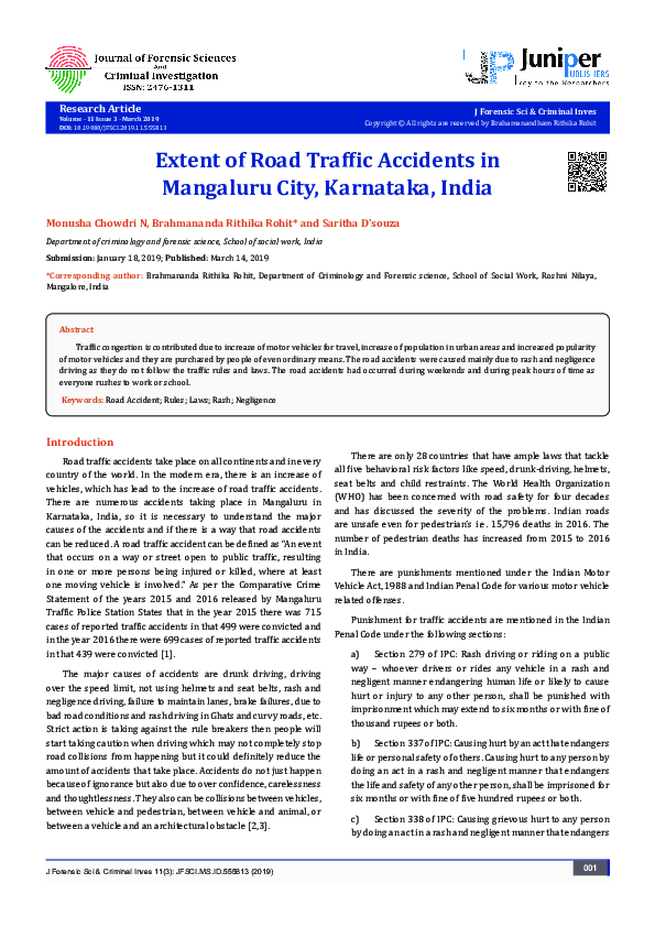 (PDF) Extent of Road Traffic Accidents in Mangaluru City, Karnataka, India