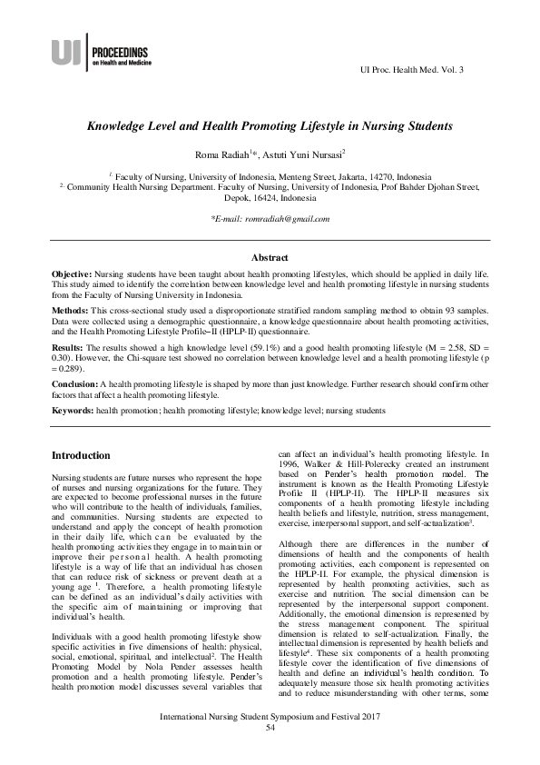 (PDF) Knowledge Level and Health Promoting Lifestyle in Nursing Students