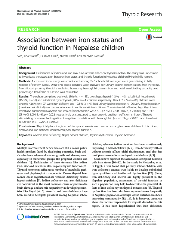 (PDF) Association between iron status and thyroid function in Nepalese ...