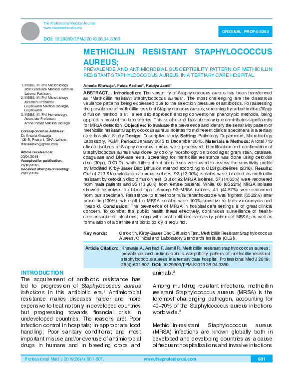 (PDF) Methicillin Resistant Staphylococcus Aureus ; Prevalence and ...