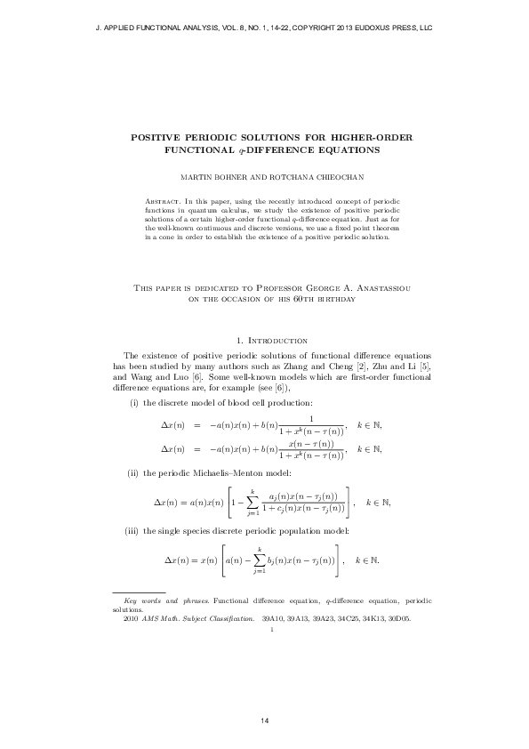 (PDF) POSITIVE PERIODIC SOLUTIONS FOR HIGHER-ORDER FUNCTIONAL q ...