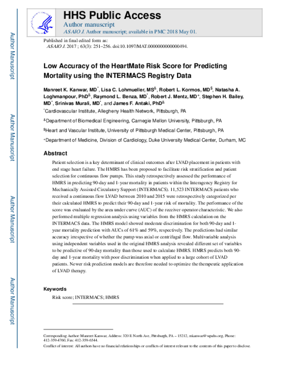 (PDF) Low Accuracy of the HeartMate Risk Score for Predicting Mortality ...