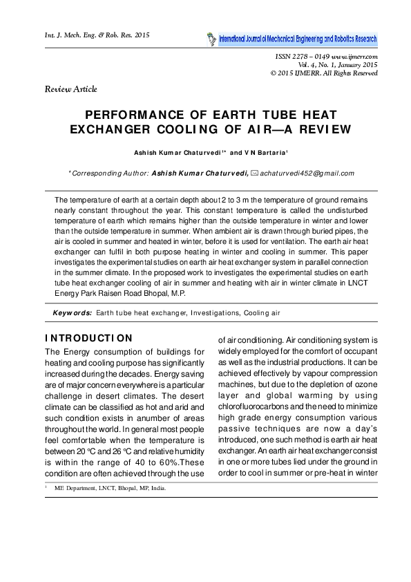 (PDF) Performance of Earth Tube Heat Exchanger Cooling of Air — a Review