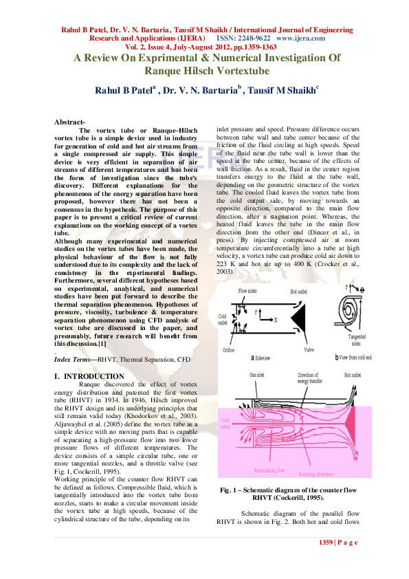 (PDF) On Exprimental & Numerical Investigation Of Ranque Hilsch Vortextube