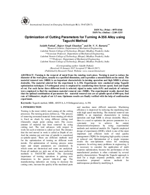 (PDF) Optimization of Cutting Parameters for Turning A-356 Alloy using ...