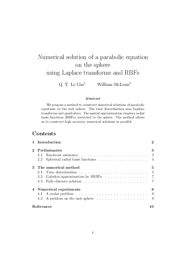 (PDF) Numerical solution of a parabolic equation on the sphere using ...