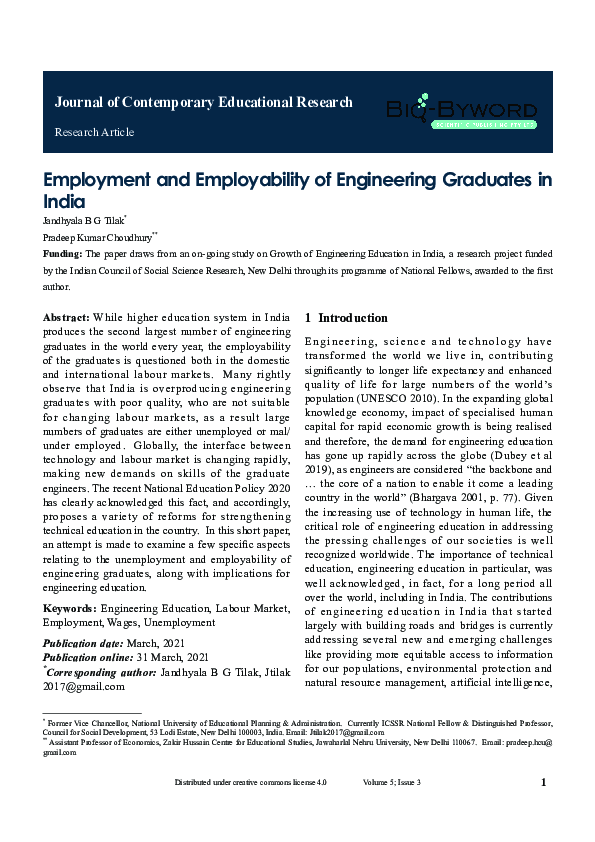 (PDF) Employment and Employability of Engineering Graduates in India