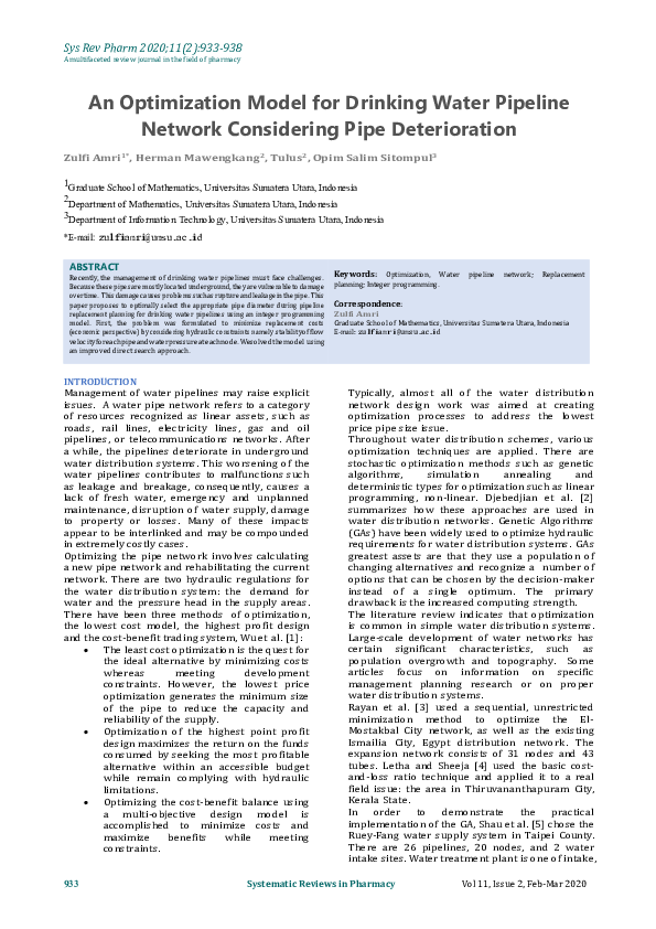 (PDF) An Optimization Model for Drinking Water Pipeline Network ...