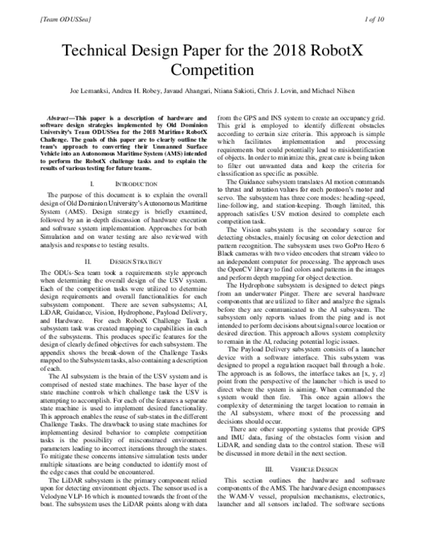 (PDF) Technical Design Paper for the 2018 RobotX Competition