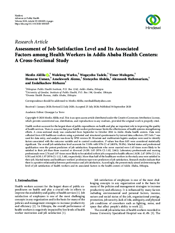 (PDF) Assessment of Job Satisfaction Level and Its Associated Factors ...