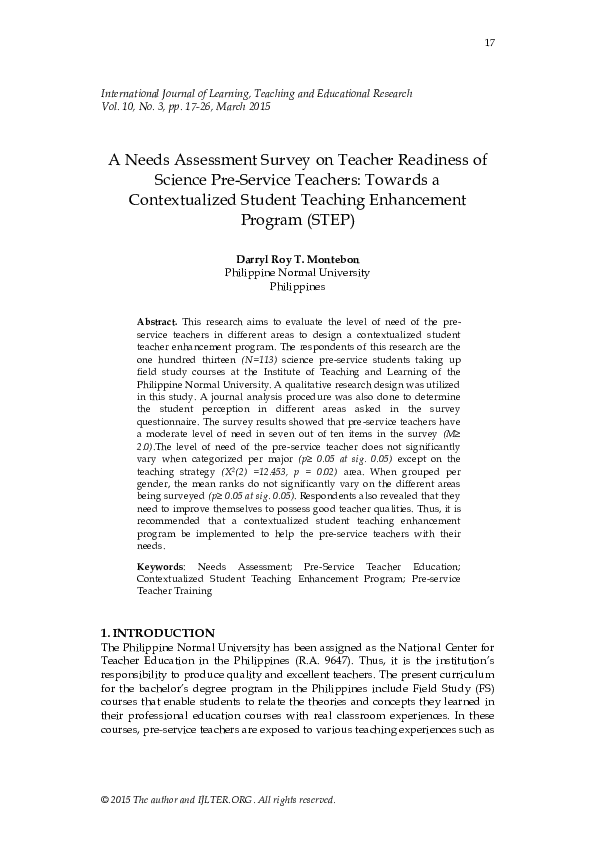 (PDF) A Needs Assessment Survey on Teacher Readiness of Science Pre ...
