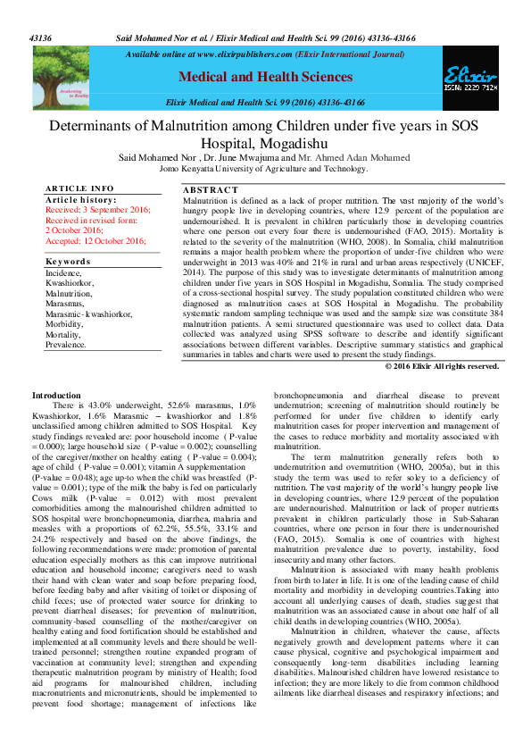 (PDF) Determinants of Malnutrition among Children Under Five Years in ...
