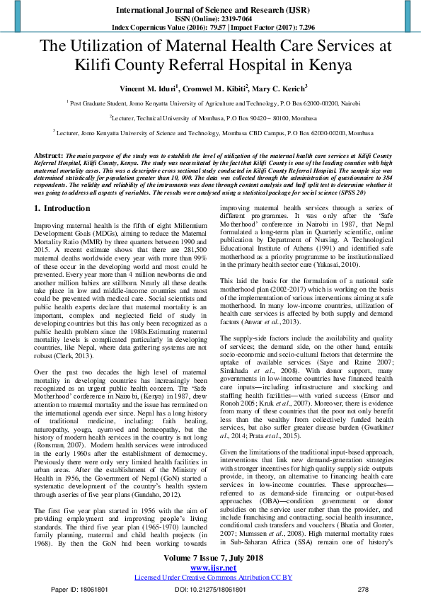 (PDF) The Utilization of Maternal Health Care Services at Kilifi County ...