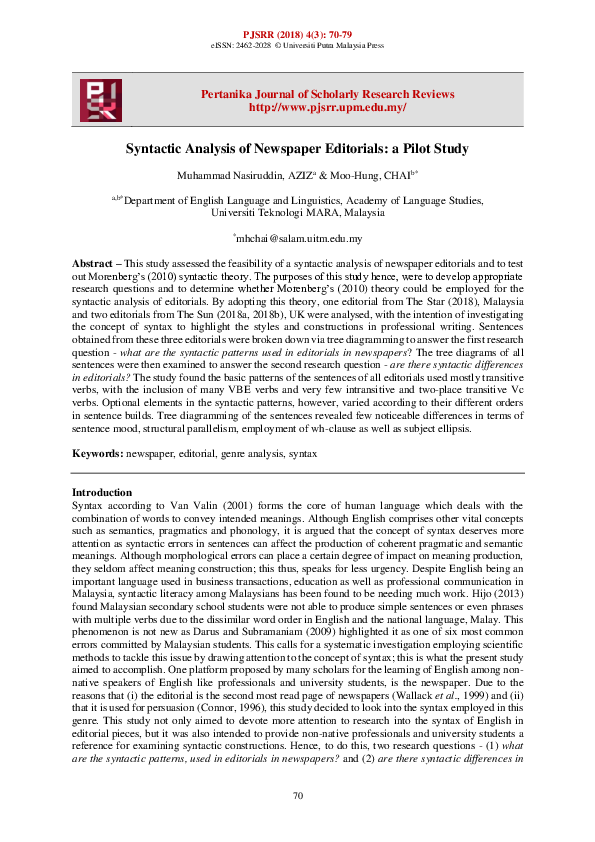 (PDF) Syntactic Analysis of Newspaper Editorials: a Pilot Study