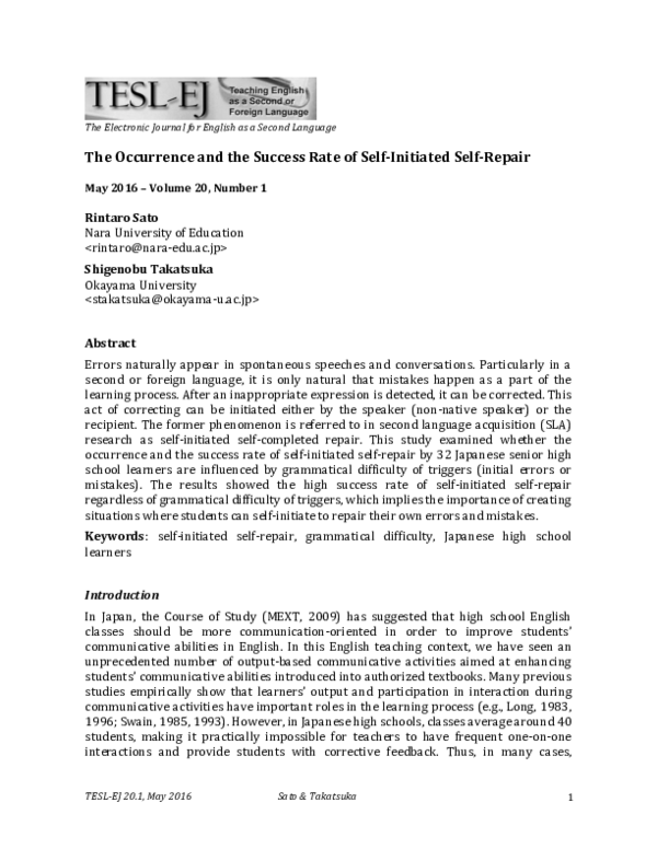 (PDF) The Occurrence and the Success Rate of SelfInitiated SelfRepair