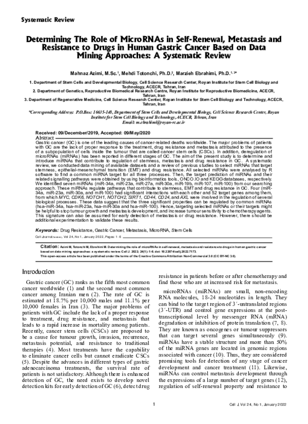 (PDF) Determining The Role of MicroRNAs in Self-Renewal, Metastasis and ...