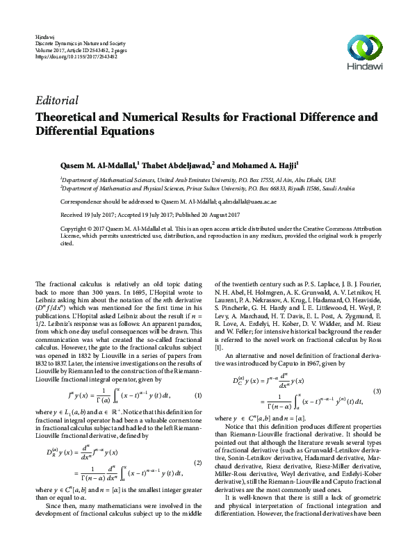 (PDF) Theoretical and Numerical Results for Fractional Difference and ...
