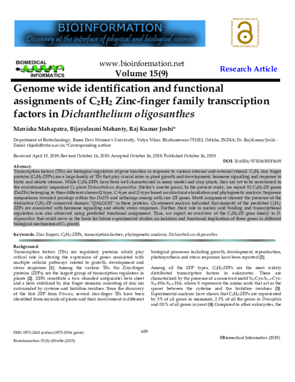 (PDF) Genome wide identification and functional assignments of C2H2 ...