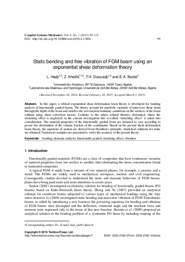(PDF) Static bending and free vibration of FGM beam using an ...