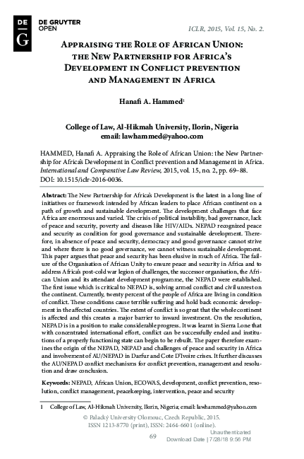(PDF) Appraising the Role of African Union: the New Partnership for ...
