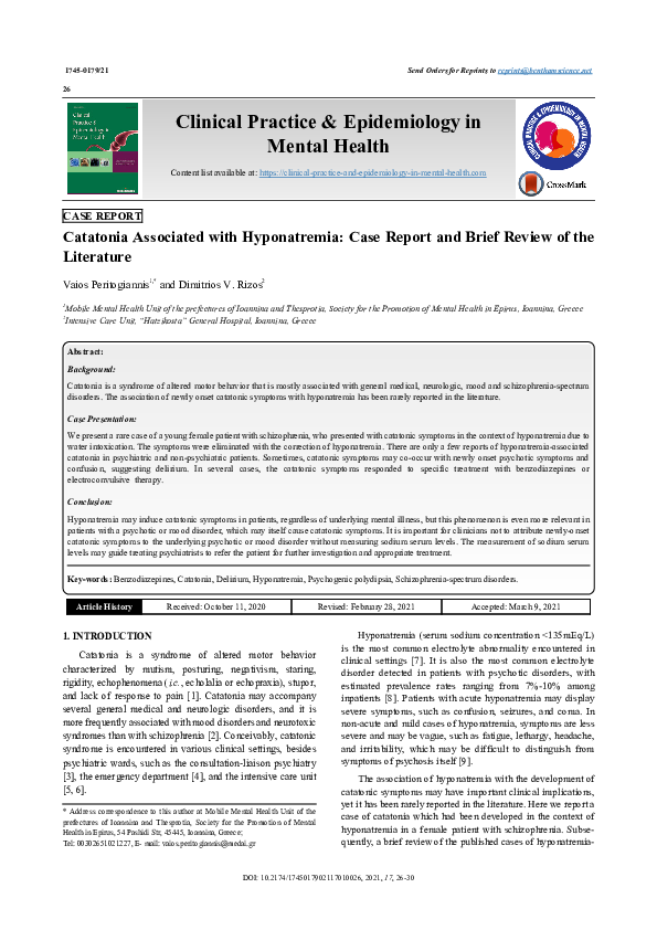 (PDF) Catatonia Associated with Hyponatremia Case Report and Brief