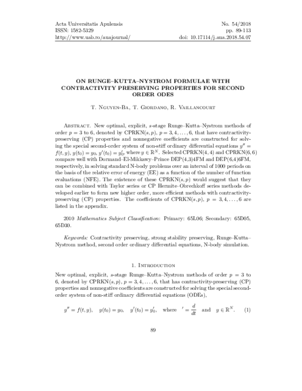 (PDF) On RungeKuttaNystrom Formulae with Contractivity Preserving Properties for Second Order