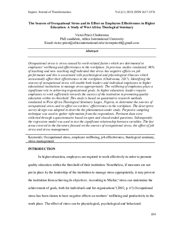 (PDF) The Sources of Occupational Stress and its Effect on Employees ...