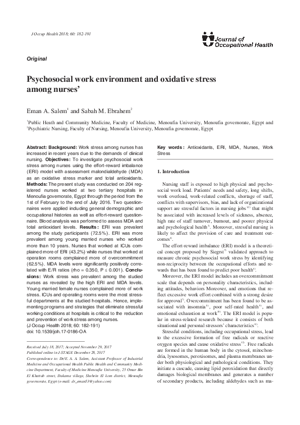 (PDF) Psychosocial work environment and oxidative stress among nurses