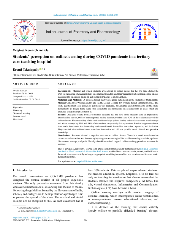 (PDF) Students’ perception on online learning during COVID pandemic in ...