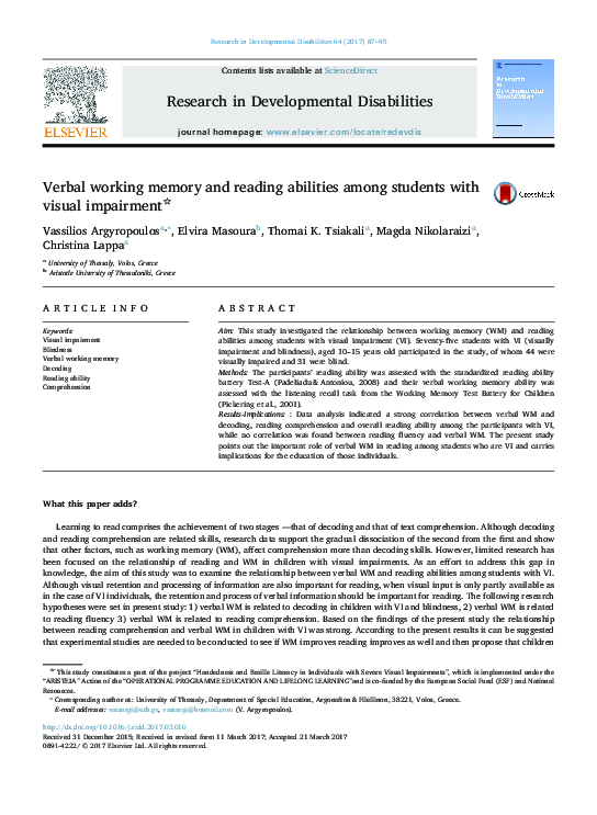 (PDF) Verbal working memory and reading abilities among students with ...