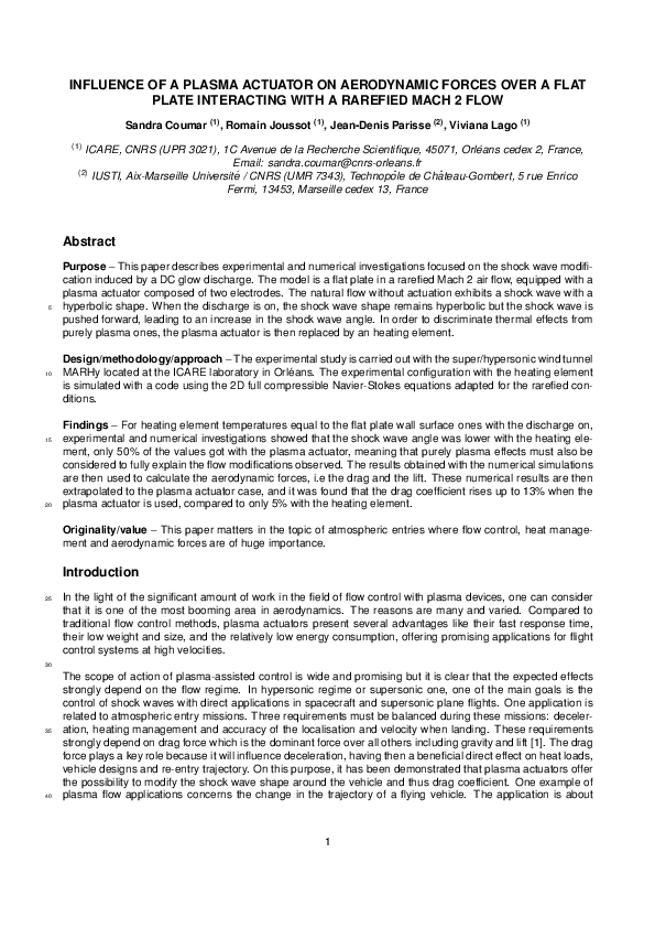 (PDF) Influence of a plasma actuator on aerodynamic forces over a flat ...