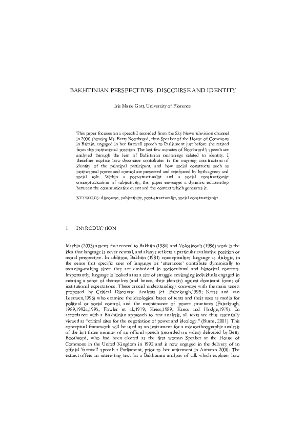 (PDF) Bakhtinian Perspectives: Discourse and Identity