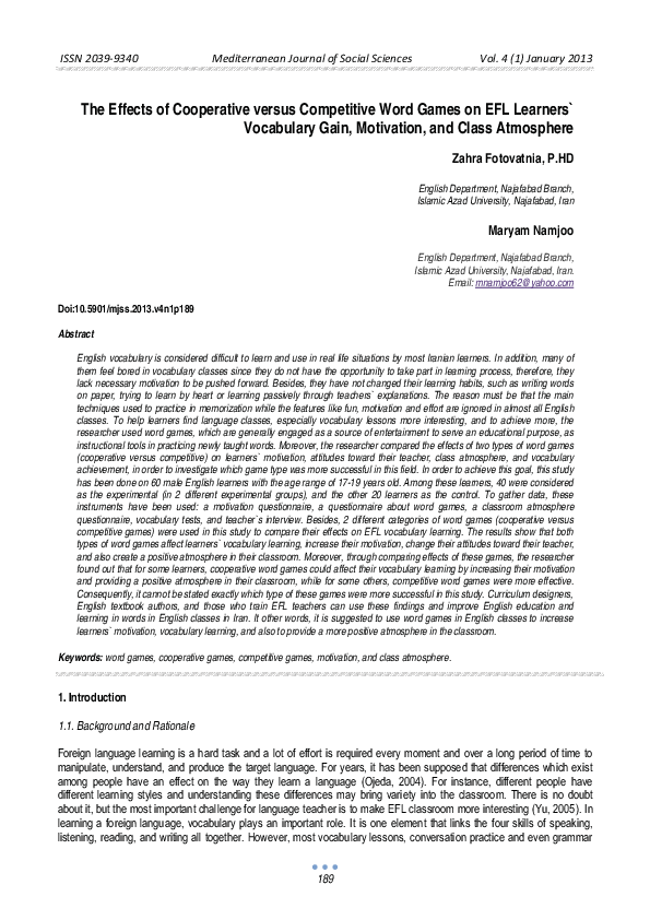 (PDF) The Effects of Cooperative versus Competitive Word Games on EFL ...