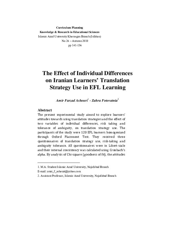 (PDF) The Effect of Individual Differences on Iranian Learners ...