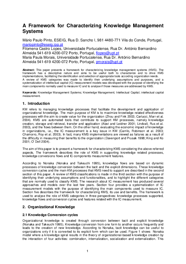 (PDF) A Framework for Characterizing Knowledge Management Systems