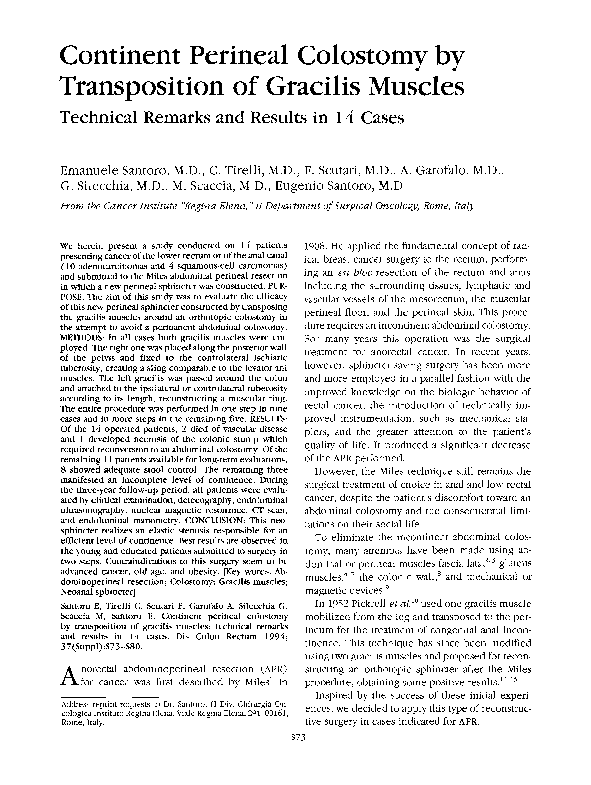 (PDF) Continent perineal colostomy by transposition of gracilis muscles eugenio santoro