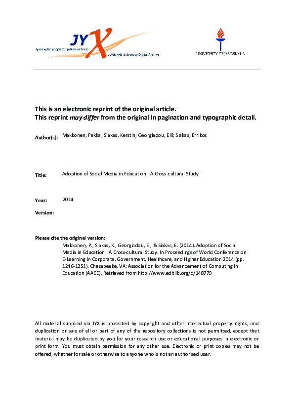 (PDF) Adoption of Social Media in Education A Cross