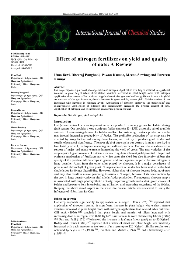 (PDF) Effect of nitrogen fertilizers on yield and quality of oats: A Review