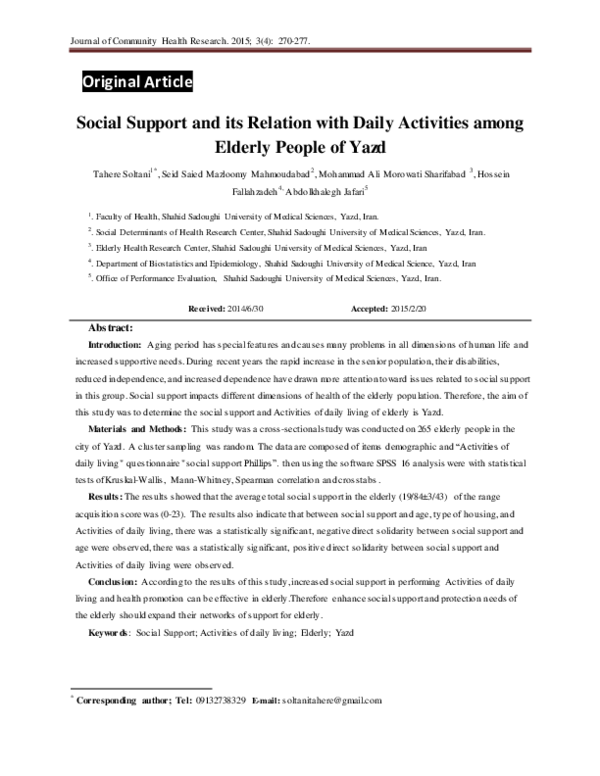 (PDF) Social Support and its Relation with Daily Activities among ...