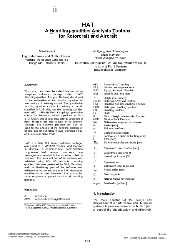(PDF) HAT - A Handling-qualities Analysis Toolbox for Rotorcraft and ...