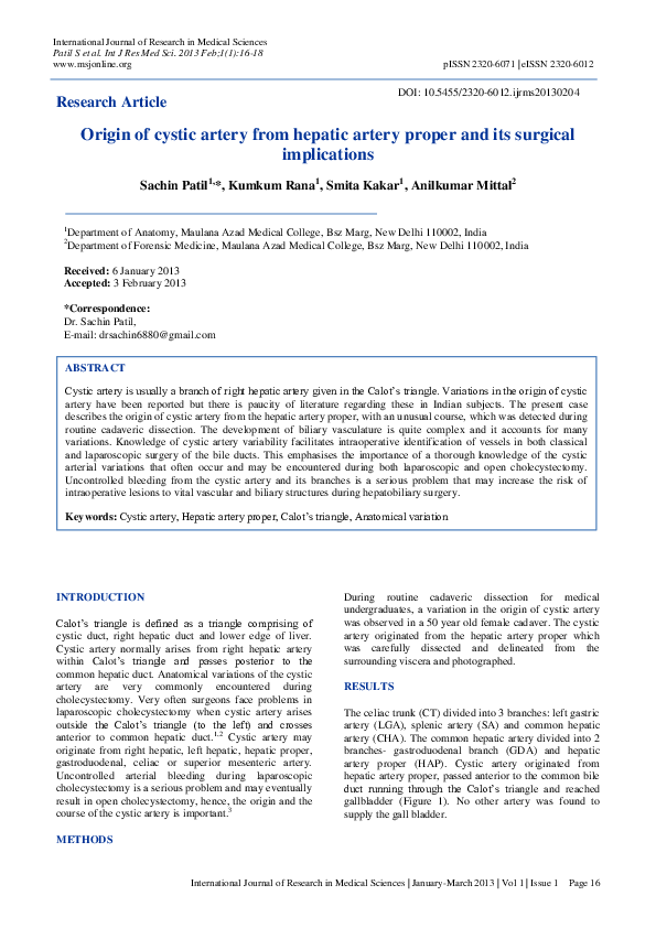 (PDF) Origin of cystic artery from hepatic artery proper and its ...
