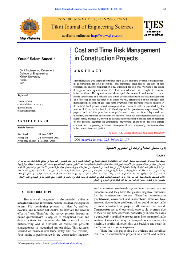 (PDF) Cost and Time Risk Management in Construction Projects