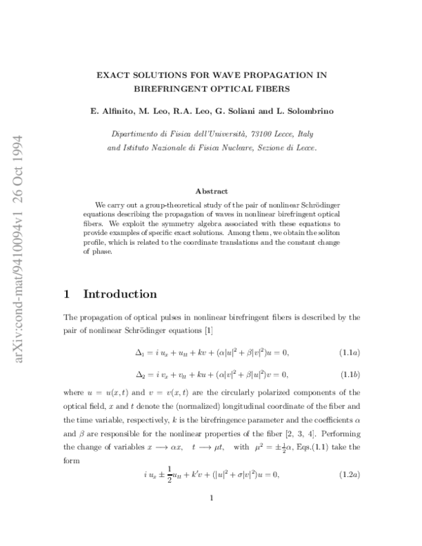 View of (PDF) Exact solutions for wave propagation in birefringent optical fibers