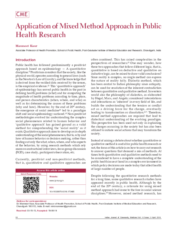 (PDF) Application of Mixed Method Approach in Public Health Research