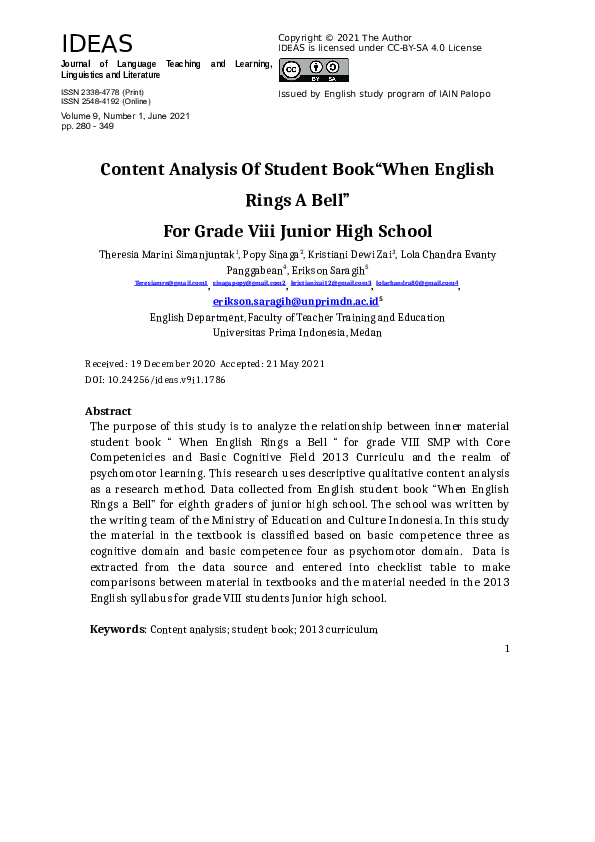 (PDF) Content Analysis of Student Book “When English Rings a Bell” for ...