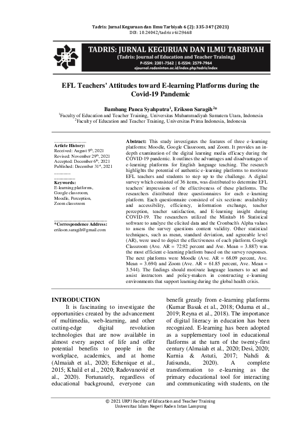(PDF) EFL Teachers' Attitudes toward E-learning Platforms during the ...